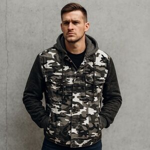 Fire & Rain Camo Denim Knit Hooded Zip-Up Jacket Men’s Large